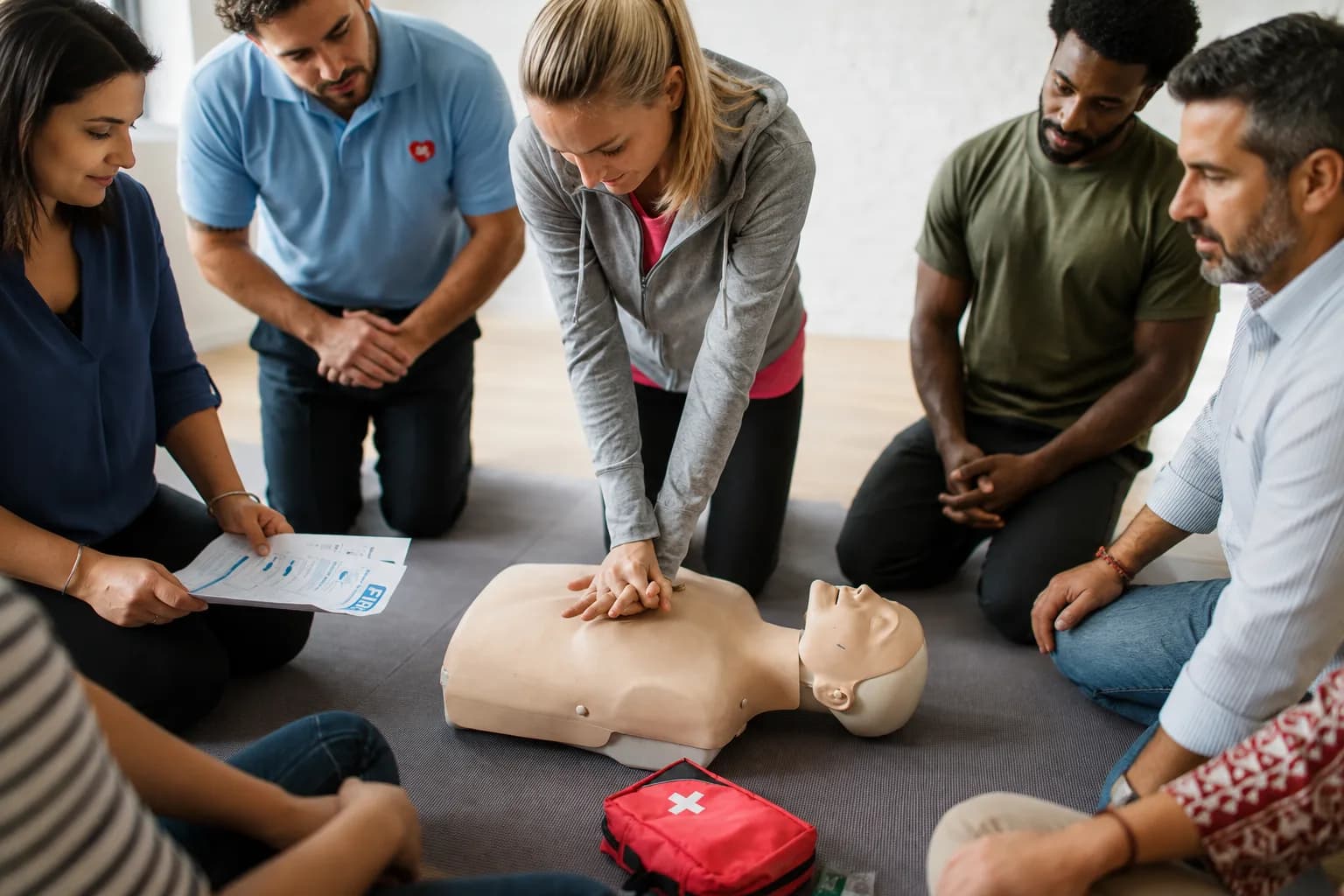 Stagiaires autour d’un mannequin d’exercice pendant une pratique de massage cardiaque