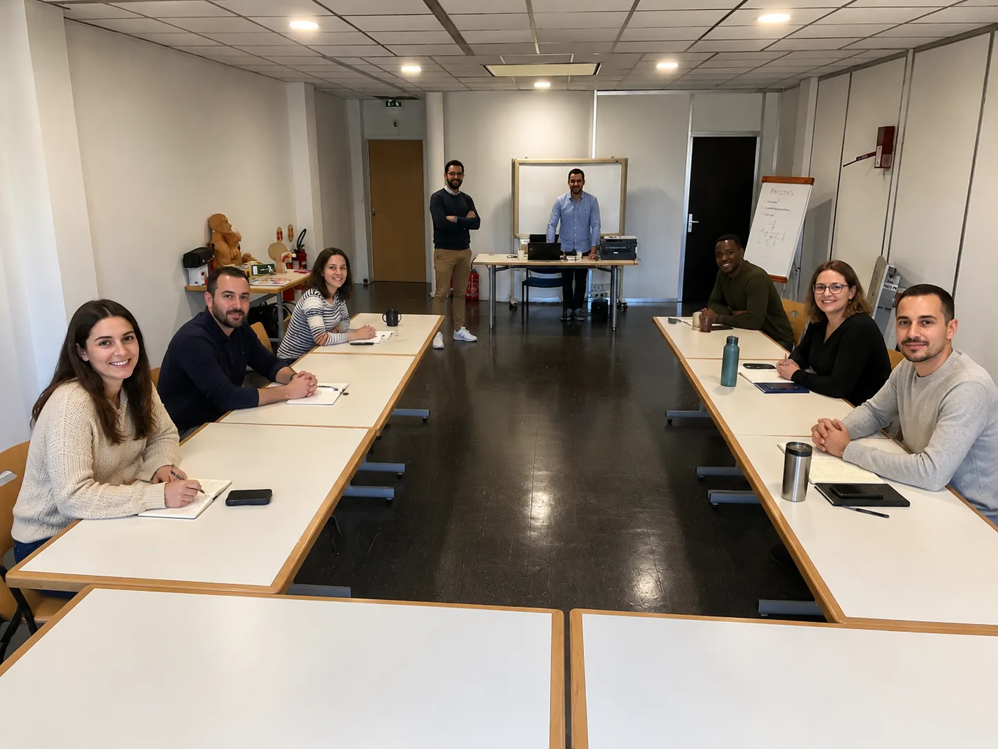 Salle de formation du centre : stagiaires installés autour du formateur, matériel de secourisme au fond